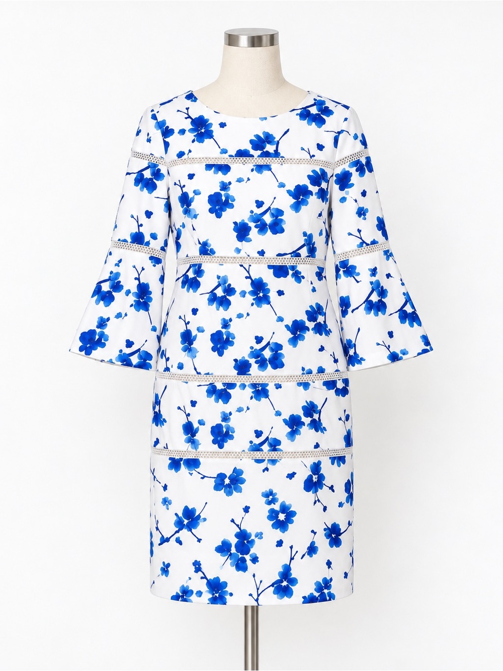 Lauren Ralph Lauren Blue White Floral Lace Bell Sleeve Sheath Dress 12 NWT